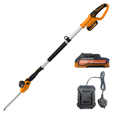 Cordless Pole Hedge Trimmer with Battery & Charger - Extends to 2.6m - 16mm Teeth - 410mm Long  Adjustable Cutting Blade
