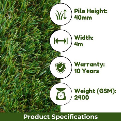 Cordoba 40mm Outdoor Artificial Grass Premium Artificial Grass For Lawn, Non-Slip Fake Grass-10m(32'9") X 4m(13'1")-40m²