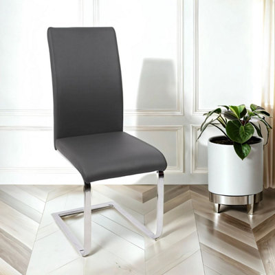 Cordoba Faux Leather Dining Chair In Dark Grey With Silver Legs