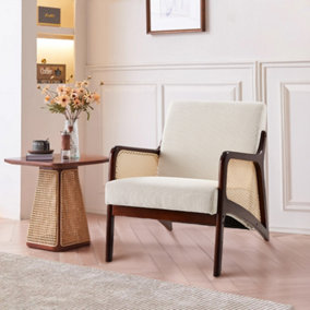 Corduroy Armchair with Rattan Armrest and Wooden Legs Beige