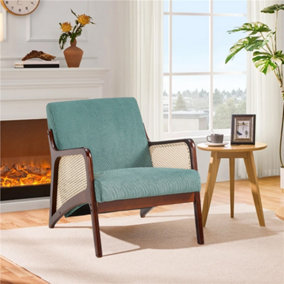 Corduroy Armchair with Rattan Armrest and Wooden Legs Green