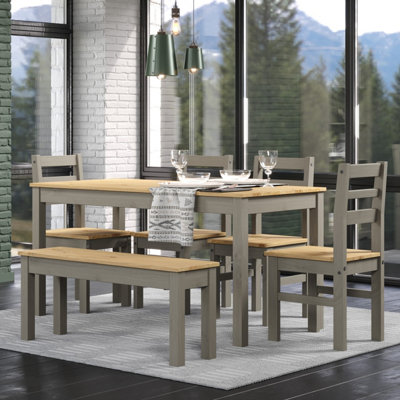 Core Products Corona Grey 150cm Rectangular Dining Table with 4 Grey Pine Chairs and 1 Grey Pine Double Bench