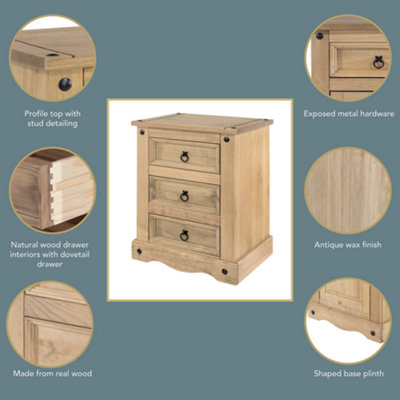 Core Products, Premium Corona, 3 drawer bedside cabinet, antique waxed pine