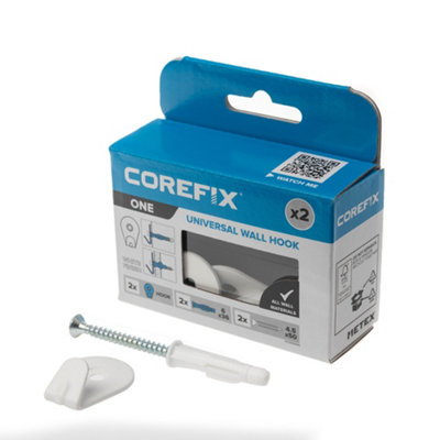 Corefix One Wall Hook. White Finish. 2pk with universal fixings