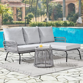 Corfu L Shape Garden Set in Grey with Wicker Rope Style with Coffee Table Grey Cushions