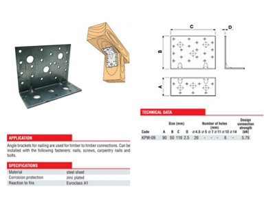 Corner Angle Bracket KPW Heavy Duty Brace Reinforced DIY Project - Size 90x50x116x2.5mm - Pack of 1