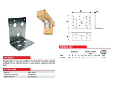 Corner Angle Bracket KPW Heavy Duty Brace Reinforced DIY Project - Size 90x50x76x2.5mm - Pack of 10