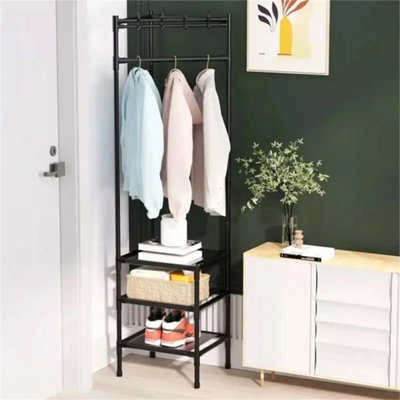 CORNER COAT STAND METAL CLOTHES HANGING RAIL WITH 3 SHELVES