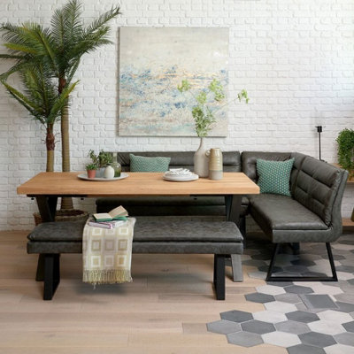 Corner Dining Bench in Faux Leather with Black Metal Legs Industrial Corner Bench Grey