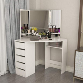 Corner Dressing Table Makeup Vanity Table 111cm length With 3 Mirrors 4 drawers and stool (White)