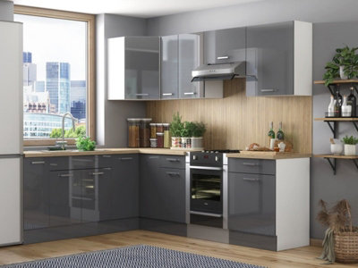 Corner Kitchen Cabinets 10 Unit Set Left Right Cupboards Dark Grey Gloss Luxe