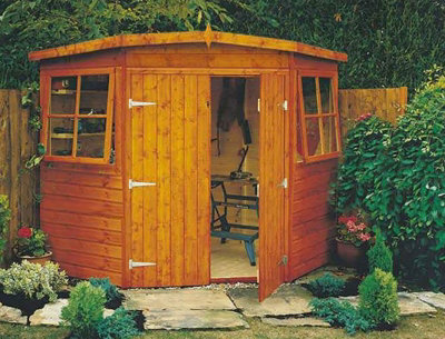 Corner Shed Double Doors Tongue and Groove Garden Shed Workshop Approx 10 x 10 Feet - Honey Brown Timber Basecoat