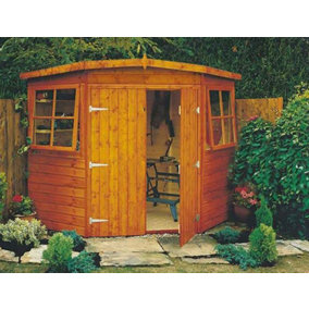 Corner Shed Double Doors Tongue and Groove Garden Shed Workshop Approx 10 x 10 Feet - Honey Brown Timber Basecoat