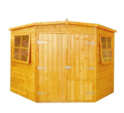 Corner Shed Double Doors Tongue and Groove Garden Shed Workshop Approx 10 x 10 Feet - Honey Brown Timber Basecoat - 3