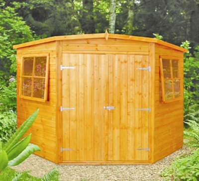Corner Shed Double Doors Tongue and Groove Garden Shed Workshop Approx 10 x 10 Feet - Honey Brown Timber Basecoat - 4