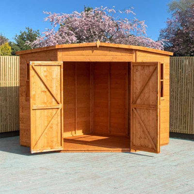 Corner Shed Double Doors Tongue and Groove Garden Shed Workshop Approx 7 x 7 Feet - Honey Brown Timber Basecoat