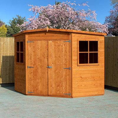 Corner Shed Double Doors Tongue and Groove Garden Shed Workshop Approx 7 x 7 Feet - Honey Brown Timber Basecoat - 4