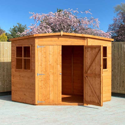 Corner Shed Double Doors Tongue and Groove Garden Shed Workshop Approx 8 x 8 Feet - Honey Brown Timber Basecoat