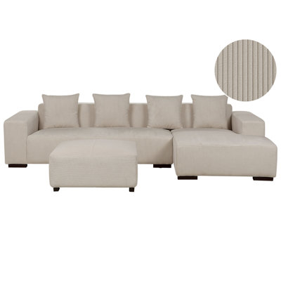 Corner Sofa 4 Seater LUNGO Corduroy Beige with Ottoman Left Hand