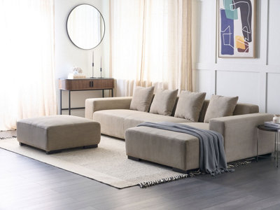 Corner Sofa 4 Seater LUNGO Corduroy Beige with Ottoman Left Hand