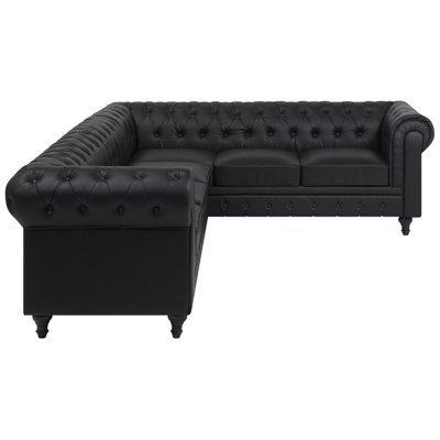 Corner Sofa 6 Seater CHESTERFIELD Faux Leather Black Left Hand