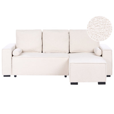 Corner Sofa Bed 3 Seater EDANE Boucle Off-White with Storage Left Hand
