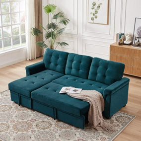 Corner Sofa Bed, L-Shaped Corner Sofa Bed with Storage, Settee Sleep Reversible Storage Chaise - Velvet Green