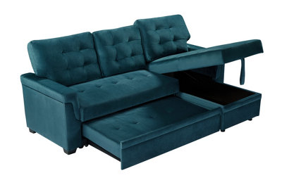 Corner Sofa Bed, L-Shaped Corner Sofa Bed with Storage, Settee Sleep Reversible Storage Chaise - Velvet Green