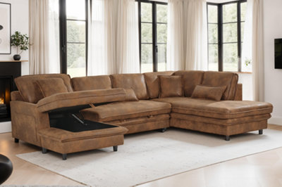 Corner Sofa Bed Right Hand Facing in Faux Leather Suede Brown