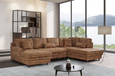 Corner Sofa Bed Right Hand Facing in Faux Leather Suede Brown