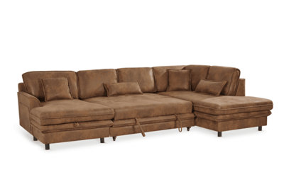 Corner Sofa Bed Right Hand Facing in Faux Leather Suede Brown