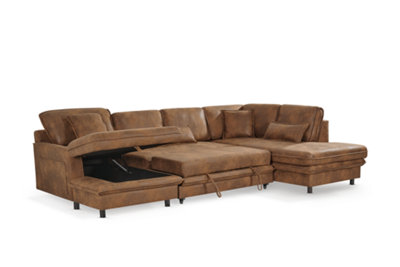Corner Sofa Bed Right Hand Facing in Faux Leather Suede Brown