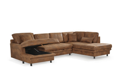 Corner Sofa Bed Right Hand Facing in Faux Leather Suede Brown