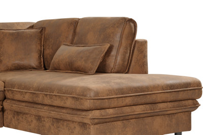 Corner Sofa Bed Right Hand Facing in Faux Leather Suede Brown