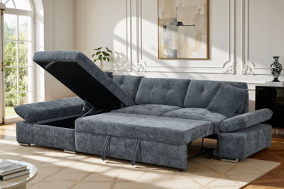 Corner Sofa Bed with Storage Chenille Fabric Pull Out Sleeper Chaise Sofa