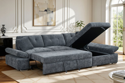 Corner Sofa Bed with Storage Chenille Fabric Pull Out Sleeper Chaise Sofa