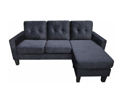 Corner Sofa Velvet Sectional Sofa with Ottoman L-shaped  Black Sofa Couch Reversible 3-Seater