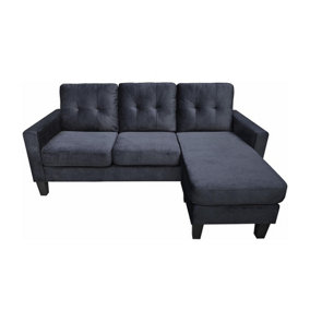 Corner Sofa Velvet Sectional Sofa with Ottoman L-shaped  Black Sofa Couch Reversible 3-Seater