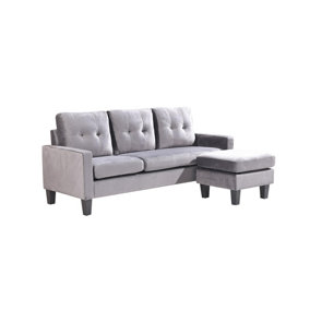 Corner Sofa Velvet Sectional Sofa with Ottoman L-shaped Grey Sofa Couch Reversible 3-Seater