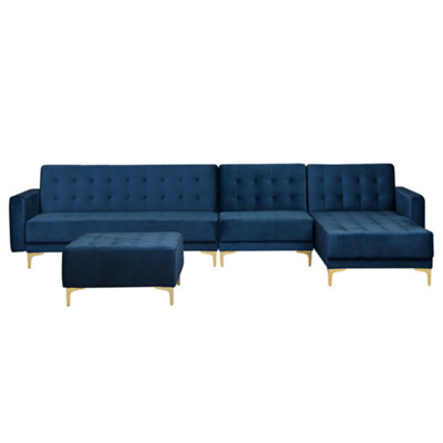 Corner Sofa with Ottoman ABERDEEN Navy Blue Velvet Left Hand