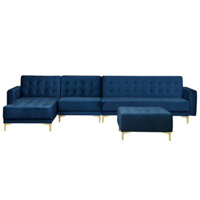 Corner Sofa with Ottoman ABERDEEN Navy Blue Velvet Right Hand