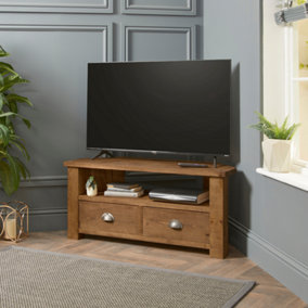 Corner TV Stand with Drawers  Made From Solid Wood - 100cm Jacobean Finsh