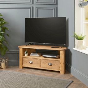 Corner TV Stand with Drawers  Made From Solid Wood - 100cm Rugger Brown Finsh