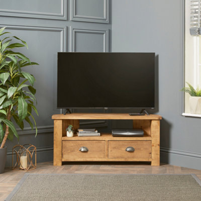 Corner TV Stand with Drawers  Made From Solid Wood - 100cm Rugger Brown Finsh