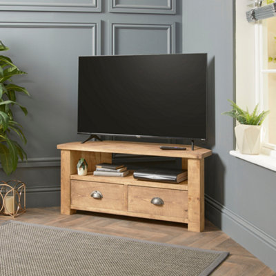 Corner TV Stand with Drawers  Made From Solid Wood - 100cm Stripped Pine Finsh