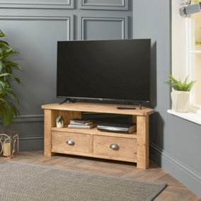 Corner TV Stand with Drawers  Made From Solid Wood - 100cm Stripped Pine Finsh