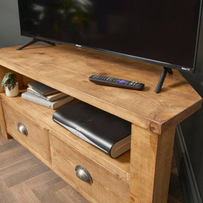 Corner TV Stand with Drawers  Made From Solid Wood - 120cm Rugger Brown Finsh