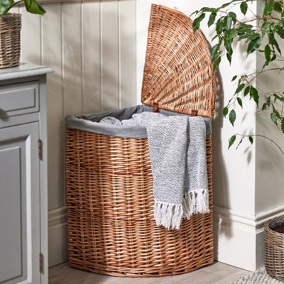 Corner Willow Wicker Laundry Basket with Grey Lining Home Storage