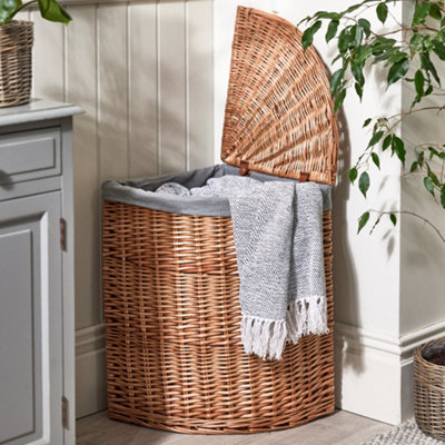 Corner Willow Wicker Laundry Basket with Grey Lining Home Storage
