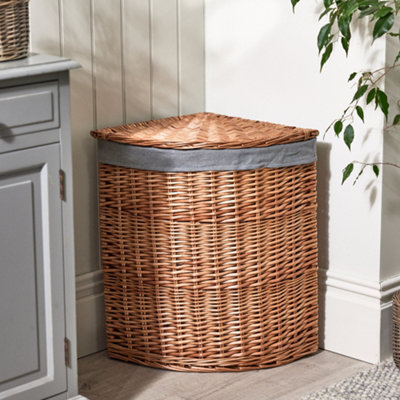 Corner Willow Wicker Laundry Basket with Grey Lining Home Storage